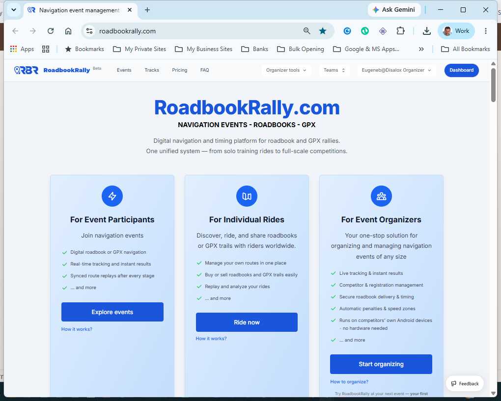 Screenshot of the RoadbookRally platform